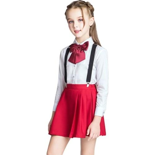New Girls Clothing Set Kids Long Sleeves Shirt with Suspender Skirt and Bow or Tie Formal Back to School Girls Clothes