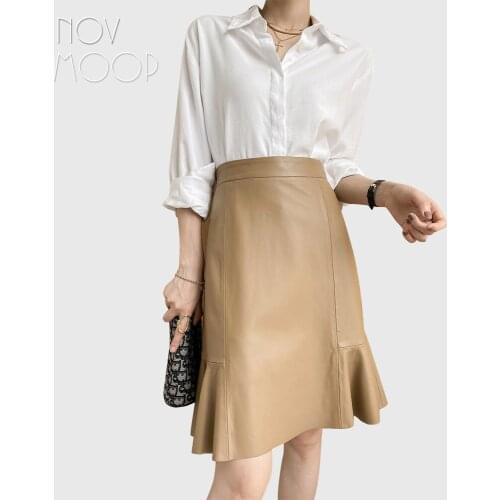 Novmoop sheepskin genuine leather women skirt knee length ruffle hem A line elegant england Jupe en cuir LT3444style