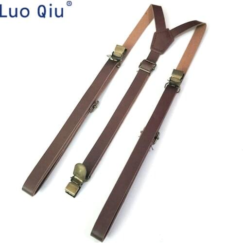 78*1.3cm Y Back High Quality Brown Crack Face PU Leather Solid Fashion Unisex Suspenders Adjustable 3 Clip Retro Men Gift