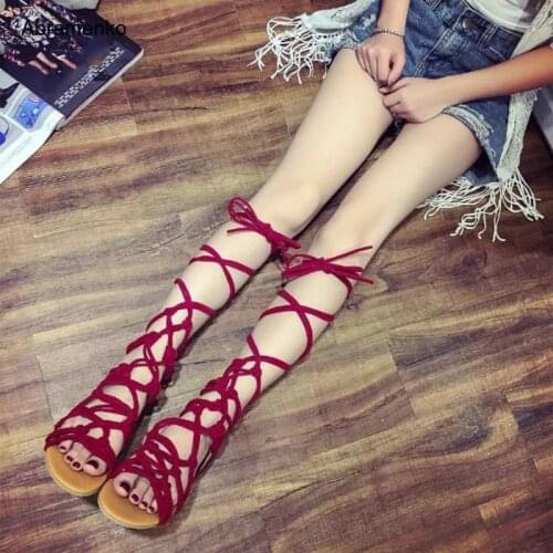 Cross-tied Over The Knee Long Summer Style Rome Retro Gladiator Sandals Shoes Flats Black Red Shoes For Women Plus Size 35-41