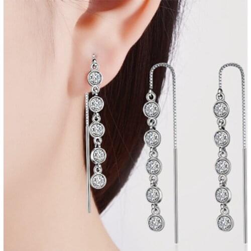 Luxury Silver Color Geometric Long Tassel Circle AAA Zircon Crystal Stud Earrings for Women Party Bijoux Brincos Jewelry