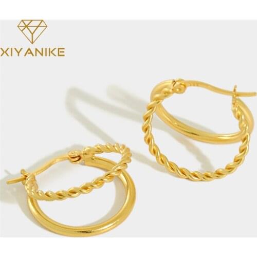 XIYANIKE 925 Sterling Silver Double Layer Twisted Hoop Earrings Female Simple Fashion Temperament Trend Handmade Jewelry Couple