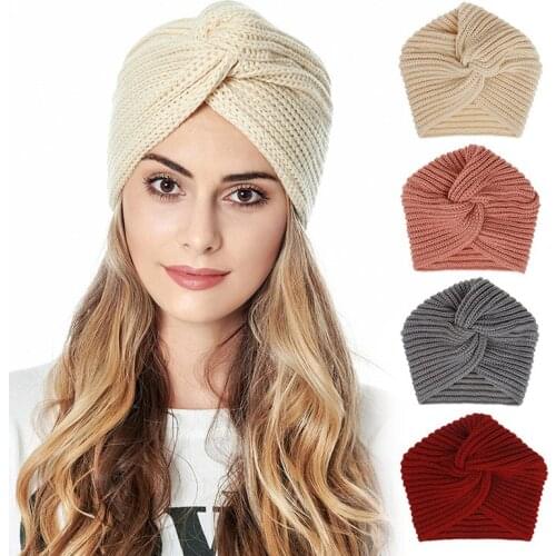 Winter Women Knitted Hat Beanie Braided Hair Band Twisted Knot Hat Female Pure Color Muslim Scarf Turban Cap Cross Headscarf