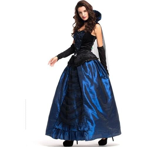 Blue Adult Women European Retro Queen Noblewoman Cosplay Female Halloween Vampire Costumes Carnival Purim Role Play Party Dress