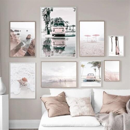 Nordic Pink Touring Car Wall Art Poster Shell Beach Yacht Coconut Tree Art Print Summer Landscape Canvas Paintings Home Decor