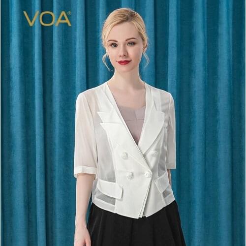 VOA 12 M/m Silk Stretch Double-layer Collar Five-point Sleeves Double-breasted Buttoned Waist Micro-transparent Short Coat W4