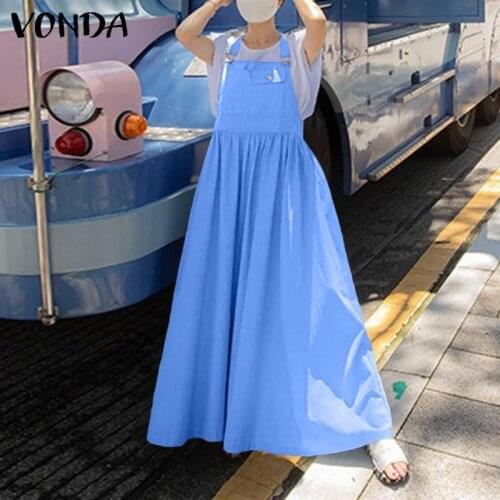 Women Dresses With Pockets VONDA 2021 Summer Sleeveless Solid Pleated Casual Solid Color Long Maxi Dresses Bohemian Vestidos