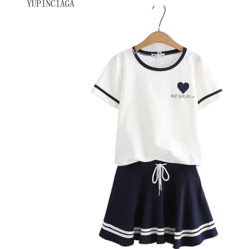 2 Piece Set Women Suit New Short Sleeved T-shirt + Female High-Waist Short Skirt Summer Clothing Sets Girl 2116386