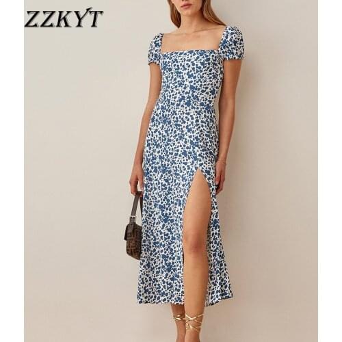 ZZKYT 2021 Women Summer Vintage Chic Floral Print Midi Dress Fashion Split Square Collar Short Sleeve Female Dresses Mujer