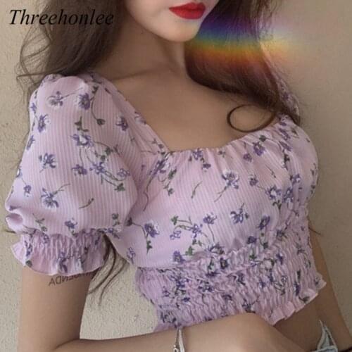 French Blouse For Women 2021 Spring Designer Vintage Square Collar Ruffles Puff Sleeve Short Tops Female Korean Fashion Clothing