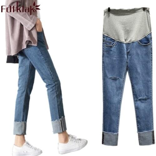 Fdfklak Elastic Waist Hole Stretch Denim Maternity Belly Jeans 2018 Autumn Spring Jeans For Pregnant Women Plus Size M-3XL F280