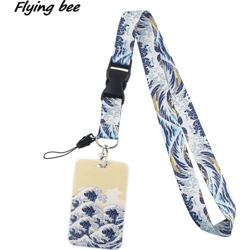 Flyingbee Waves Painting Art Buckle Lanyard Credit Card ID Holder Bag Student Travel Bank Bus Business Card Cover Badge X1589