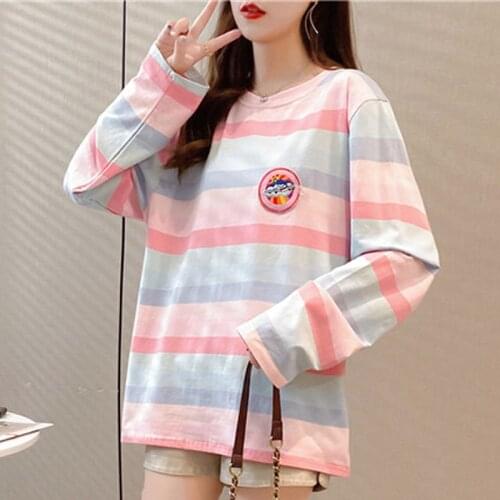 Harajuku oversized T shirt 2021 autumn Women pink t-shirts korean style rainbow stripe Patchwork embroidery Long Sleeve T-Shirt