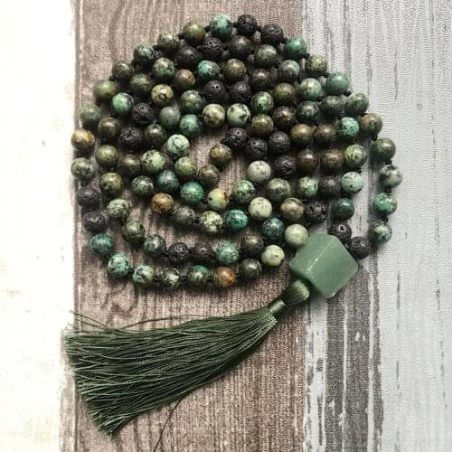 Rough Aventurine Guru Stone knotted Necklace 8MM Afircan T-urquoise Beaded Mala Necklaces Men 108 Prayer Beads Yoga Jewlry