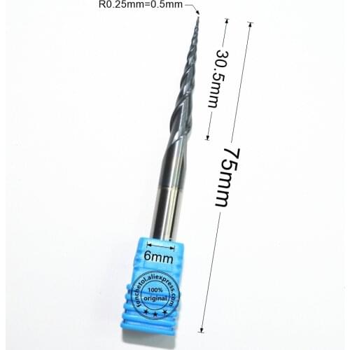 HRC55 solid carbide D6*R0.25*30.5*75L TiALN Coated Taper Ball Nose End Mill,cone milling cutter,Spherical woodworking router bit