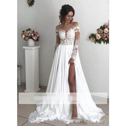 Exquisite Lace Chiffon A-Line Wedding Dresses 2019 Sheer Neck Long Sleeves Side Split Sweep Train Back Cover Buttons Country