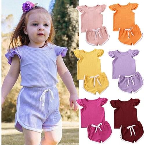 2PCS Toddler Kids Baby Girl Clothes Baby Girl Summer Clothing Ruffle T-shirt Top Pants Shorts Outfits 1-5Y