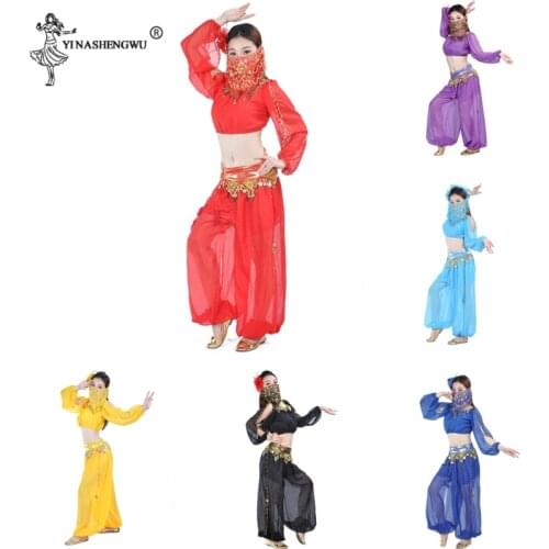 Bollywood Belly Dance Costume Set Indian Sari Bellydance Pants Suit Women Sexy Chiffon Veil Bellydance Performance Bloom Suit