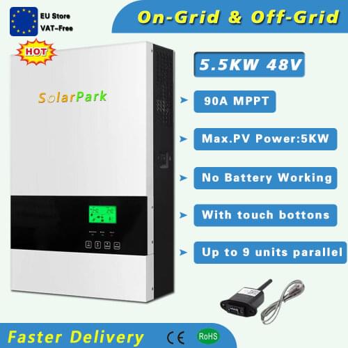 5500W 48VDC On and Off Grid Pure Sure Wave Solar Inverter With 90A 120-450VDC PV Input MPPT No Battery Working With Parallel