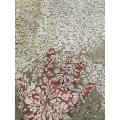 Top selling glued glitter African Tulle Lace Fabric JRB-49832 hot sale African French Lace Fabric with white glitter white beads