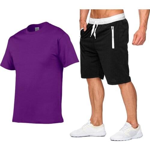 Mens short-sleeved T-shirt and shorts, sportswear, beachwear, 2-piece pure cotton fashion sports T-shirt, summer 2021