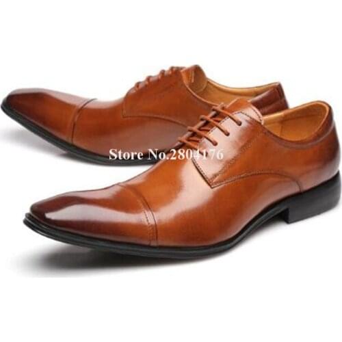 Men Classical Style Pointed Toe Genuine Leather Black Brown Lace-up Flat Shoes Men Formal Business Shoes Wedding Shoes