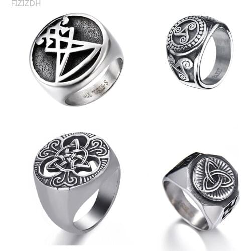 Mens Boys Sigil of Lucifer Seal Satan Stainless Steel Ring For Crown Maple Leaf Cross Arrow Rings Men Hiphop/Rock Jewelry
