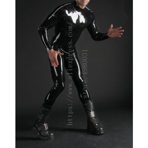 Cool shoulder zippers design long sleeve black latex catsuit bdsm men and made of 0.4mm thickness natural latex materials