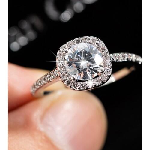 Engagement Ring Round Cut Bridal Wedding Ring Simple Square Cubic Zirconia Promise Silver Color Ring Jewelry Anniversary Gift