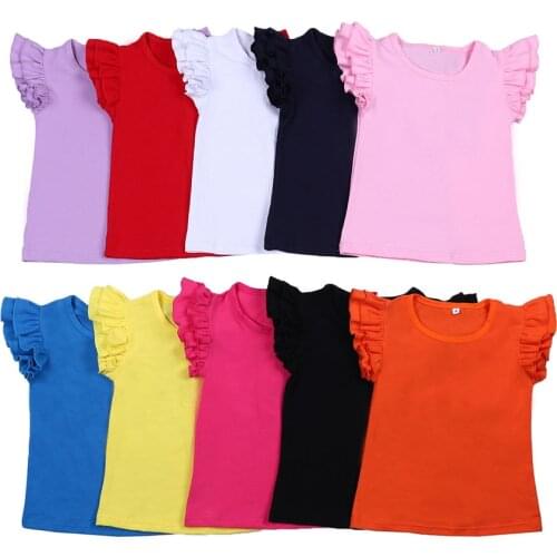 100% Cotton Girls Solid Tops Cute Shirts Summer short Flutter sleeve t-shirts kids clothing tops girl 2 Years