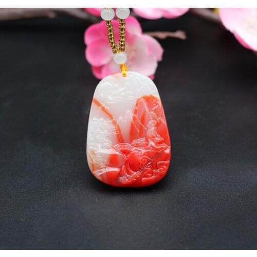 Natural Red White Jade Landscape Scenery Pendant Necklace Chinese Hand-Carved Charm Jewelry Fashion Amulet for Men Women Gifts