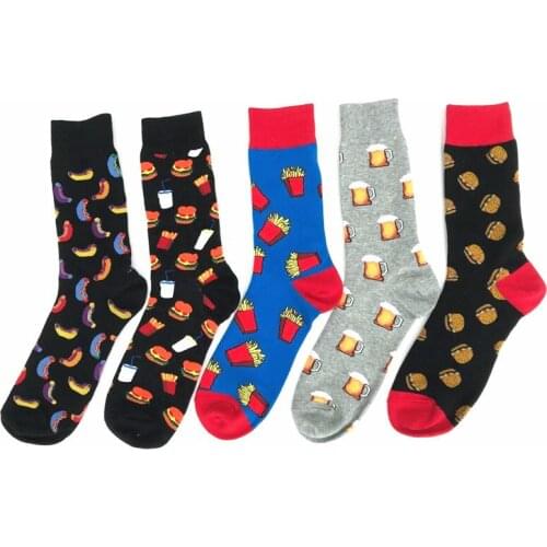 PEONFLY 5pairs/lot Japanese Harajuku Men Socks Beer Hamburg Hot Dog Cute Socks Funny Food Happy Socks Creative Calcetines Hombre