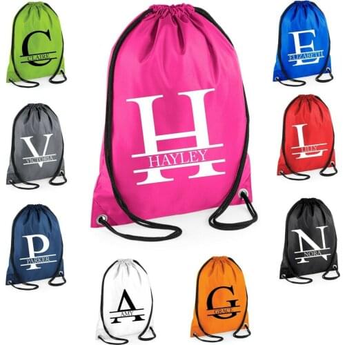 Personalised Name and Split Letter Drawstring Bag Gym School Club PE Custom Name Bag Kids Backpack Soccer Bag Child Adult Bags