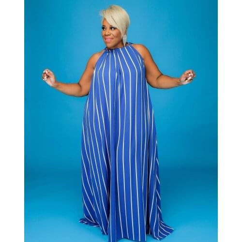 Zoctuo Striped Plus Size Club Dresses Halter Sleeveless Women Cocktail Dresses New Loose Ladies Summer Floor-length Maxi Dresses