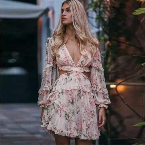 Luxury Backless Female Chiffon V Neck Hollow Out Lantern Sleeve High Waist Mini Women Dresses Summer Fashion Sweet Beach Dress