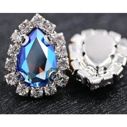 New glass rhinestones teardrop sew on Sliver base crystal button Blue fluorescence crystals rhinestones diy nail art accessories