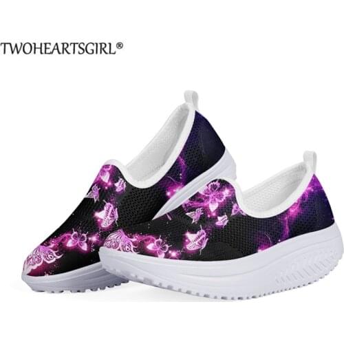 Womens Sneakers Platform Toning Wedge Shoes Purple Butterfly Printed Mesh Shoes for Ladies Lightweight Swing Shoes Tennis