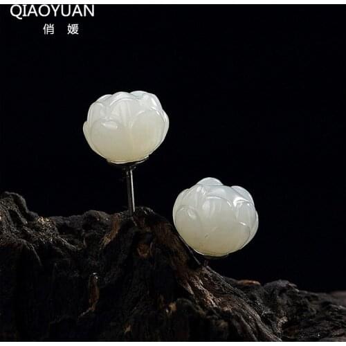 925 sterling silver earings jade earrings earrings for women White jade jewelry Lotus 925 Jade Stud earring real gold jewelry