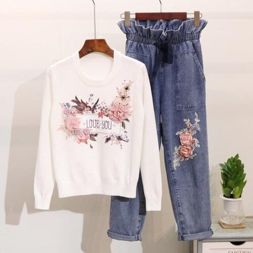 Amolapha Women 3D Flower Sequined Knitted Sweaters +Jeans 2 Pieces Set Knit Pullovers Denim Jean Pants 2PCS Clothing Set