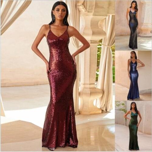 2020 Women Summer V Neck Off Shoulder Backless Sequin Dress Female Elegant Spaghetti Strap Maxi Dress Vestdios Z376