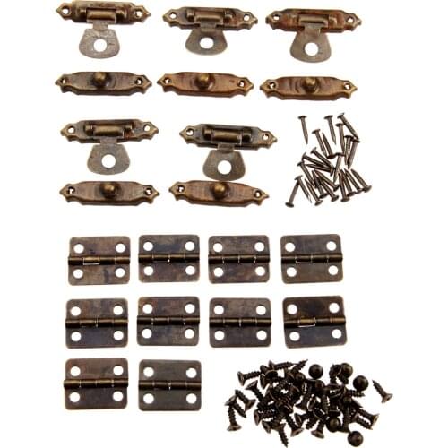 10Pcs 16*13mm Antique Bronze Furniture Cabinet Hinges + 5Pcs 26*15mm Jewelry Wood Box Toggle Hasp Latch Lock Furniture Hardware