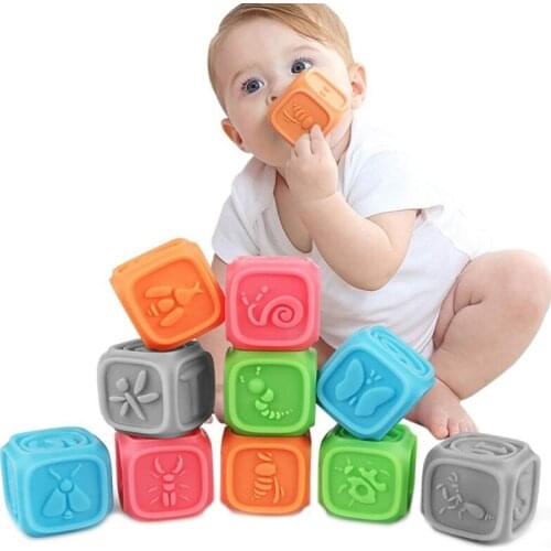 10pcs Soft Silicone Baby Building Blocks Toys Set Safety 3D Teething Chewing Rubber Kids Educational Bricks Bath Toy for Child