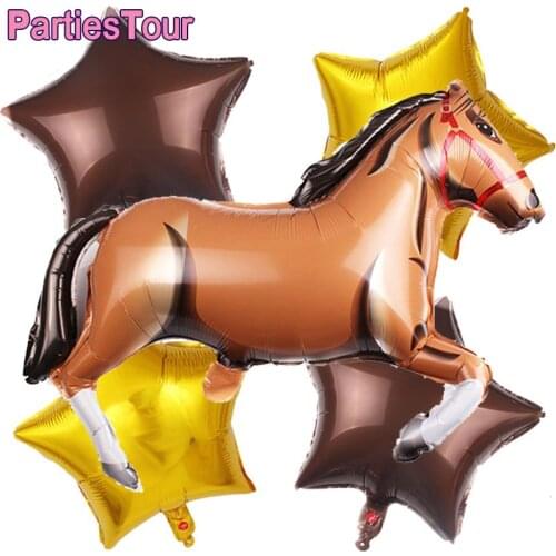 5pcs Horse Racing Theme Party Decor Ballons Includes Horse Shape Foil Ballons and Brown Star Ballons for Cowboy Birthday Party