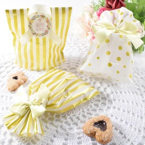 50pcs/pack 20*14cm Gold Dot Striped Gift Candy Beam Port Bag For Wedding Birthday Party Gift Bags Biscuit Baking Packaging