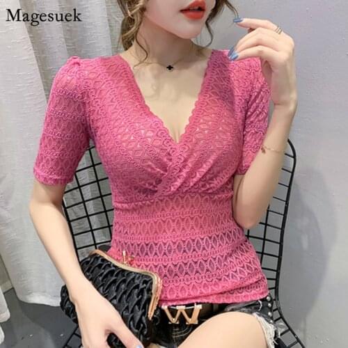 Crochet Hollow Out Lace Womens Shirt Short Sleeve V-Neck Sexy White Top Blouses Woman Plus Size Solid Blouse Women Clothes 9631