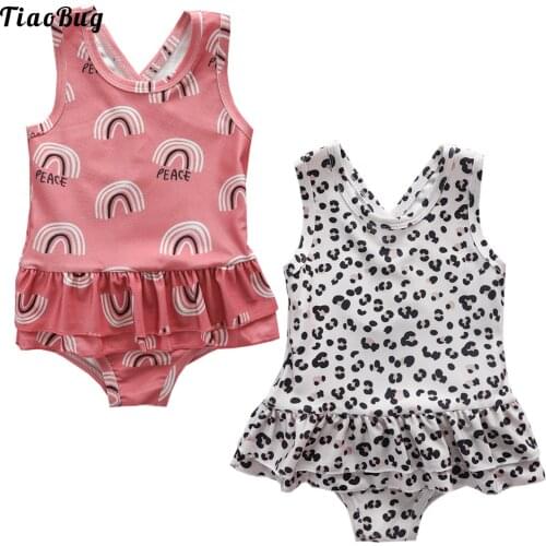 TiaoBug Kids Girls One-Piece U Neck Sleeveless Straps Cross At Rear Keyhole Back Tiered Ruffle Hem Jumpsuit Swimsuit Swimwear