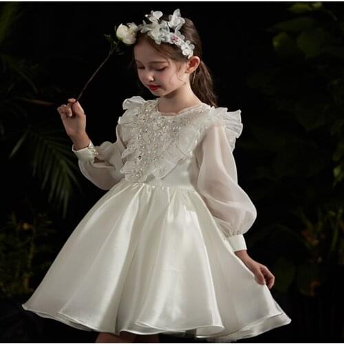 Flower Girl Dresses Elegant O-Neck Full Princess Knee-Length Tulle Sequined Pearls Lovely Luxury White Lace Kids Party Gown H177