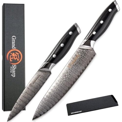 GRANDSHARP 2 Pcs Knives Professional Chefs Knife Set 67 Layers vg10 Japanese Damascus Steel Chef Utility Kitchen Knives Gift