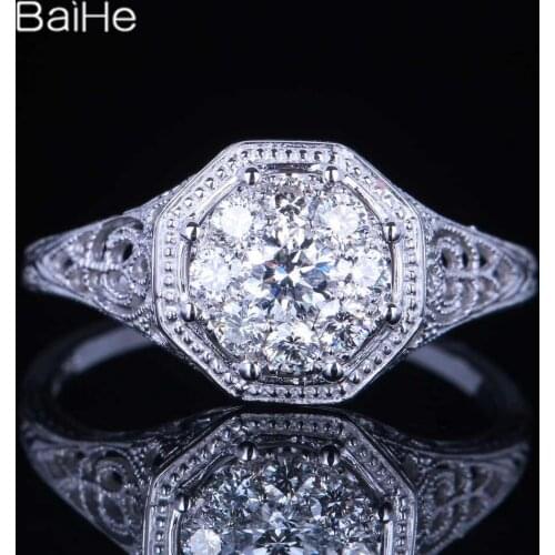 BAIHE Solid 14K White Gold 0.2CT H/SI Round Natural Diamonds Wedding Gift Engagement Ring Women Trendy Fine Jewelry Diamond Ring