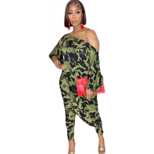 2 Piece Sets African Clothes Women 4XL Plus Size One Shoulder Long Tops Outfits Fashion Streetwear Camouflage African Pant Suits